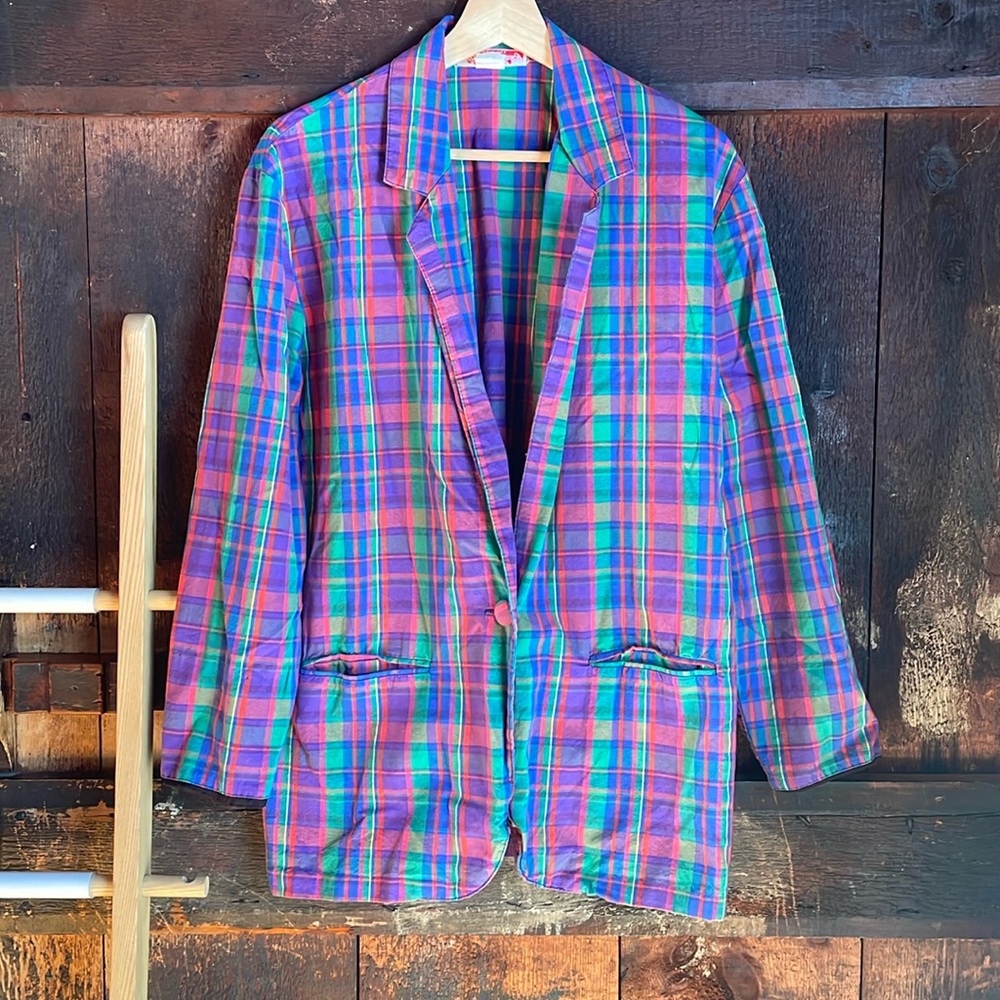 Vintage Colourful Plaid Cotton Blazer, Size Medium